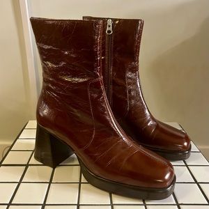 L’intervalle Sullivan Chestnut Brown Leather Chunky Heel Boots, sz EU 40 / US 10